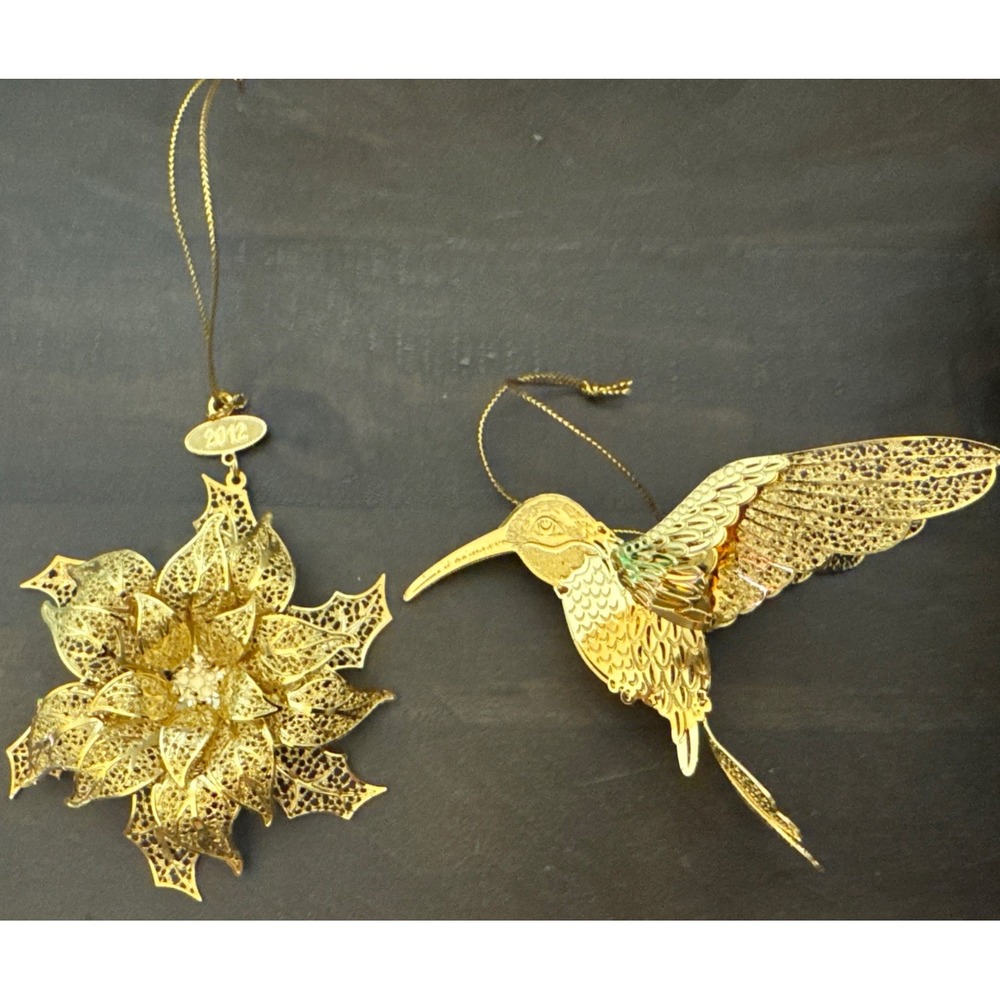 2012 Hummingbird + Poinsettia Danbury Mint Christmas Ornaments 23k Gold Plated